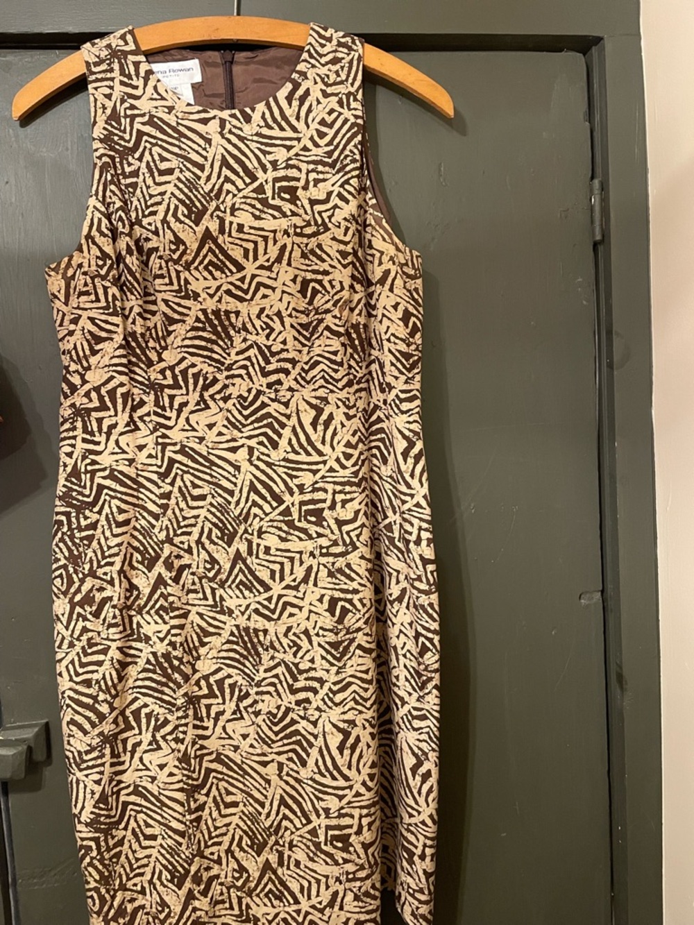 Rena Rowan Brown & Cream Printed silk  Sheath Dress  Lined 10P
